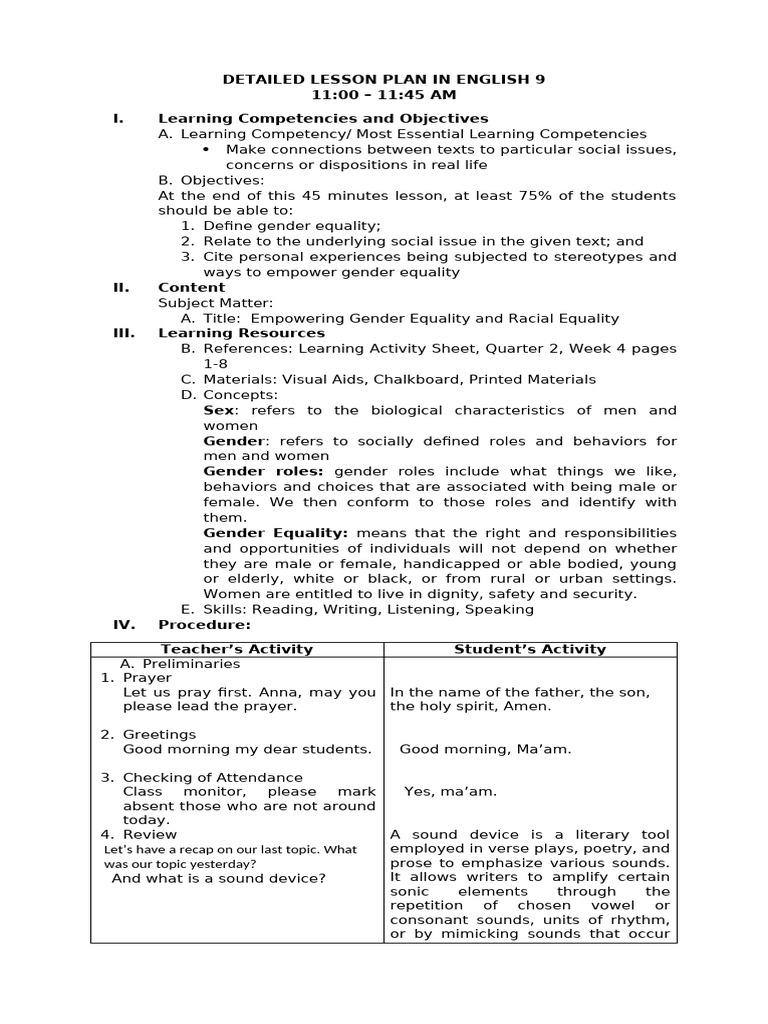 Detailed Lesson Plan in English 9 | PDF | Gender | Gender Studies