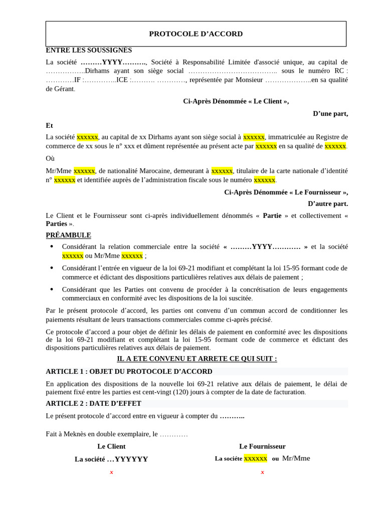 Protocole d'Accord de Paiement Commercial | PDF