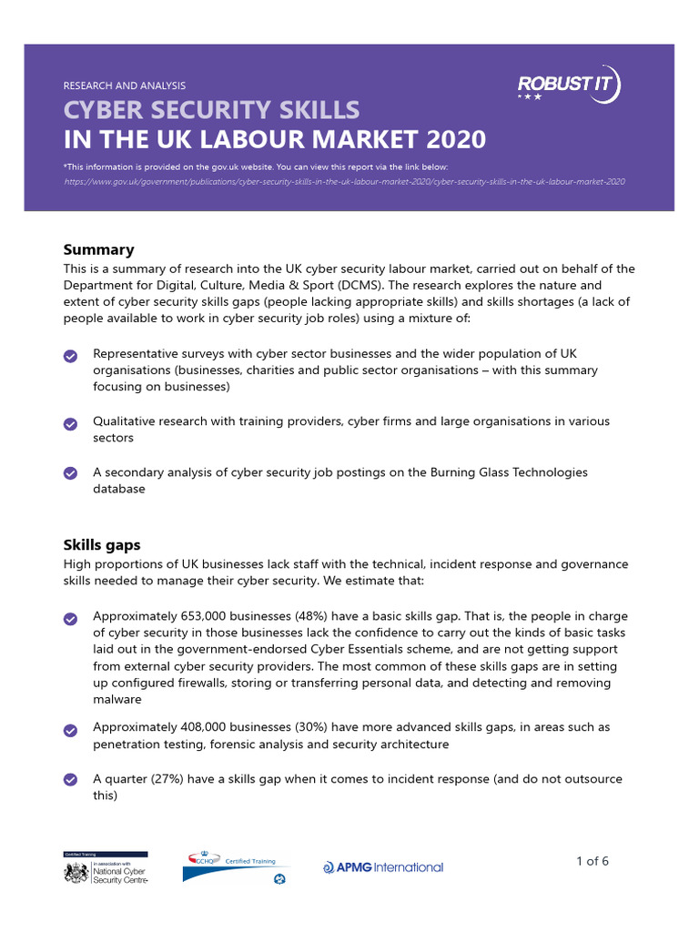 Cyber Security Skills in The UK Labour Market 2020 Government Report ...