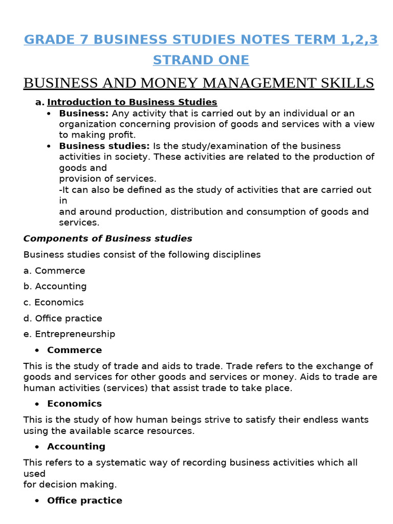 Business Studies Grade 7 Term 1,2,3 Notes | PDF | Agriculture ...