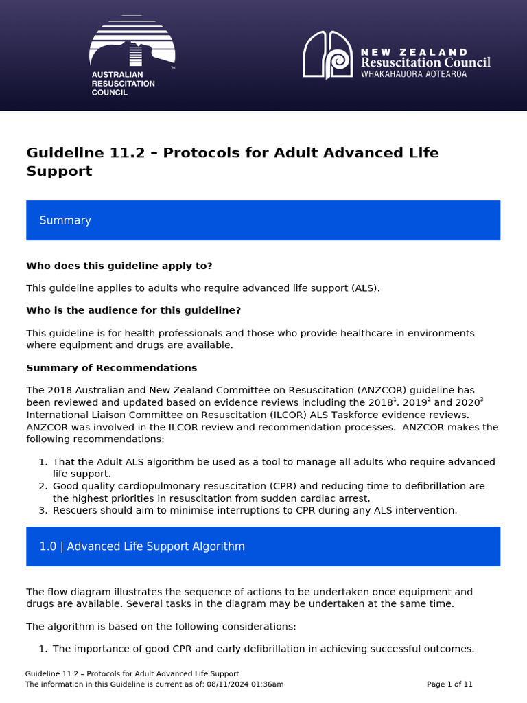 ANZCOR Adult ALS Protocols Guide | PDF | Cardiopulmonary Resuscitation ...