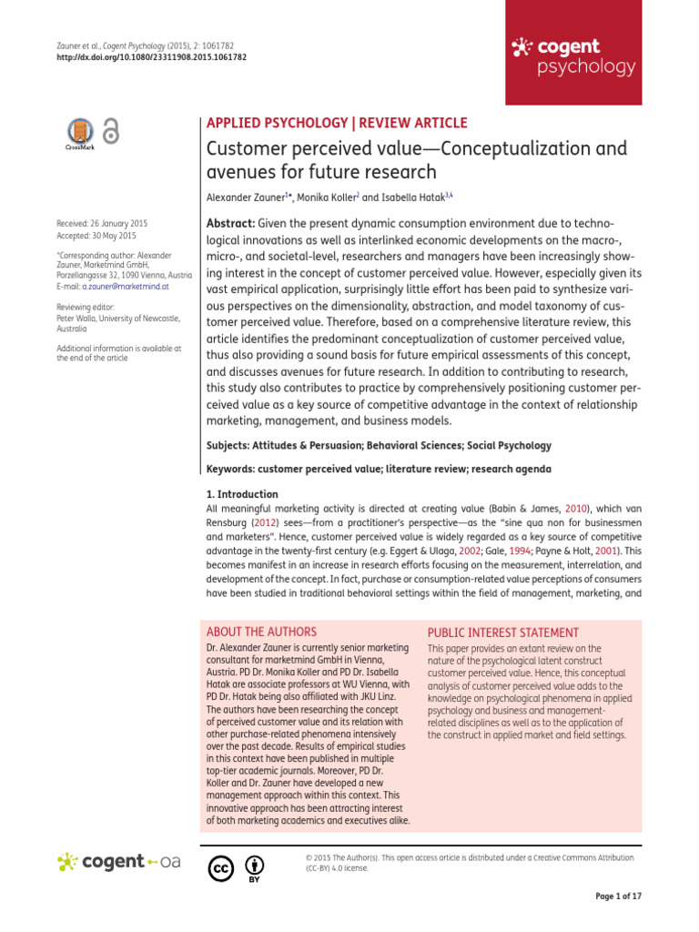 Customer perceived value—Conceptualization and avenues for future ...