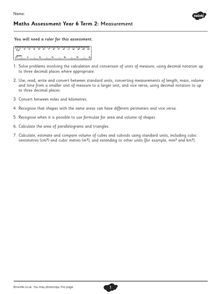 Year 6 Measurement Assessment | PDF | Area | Volume