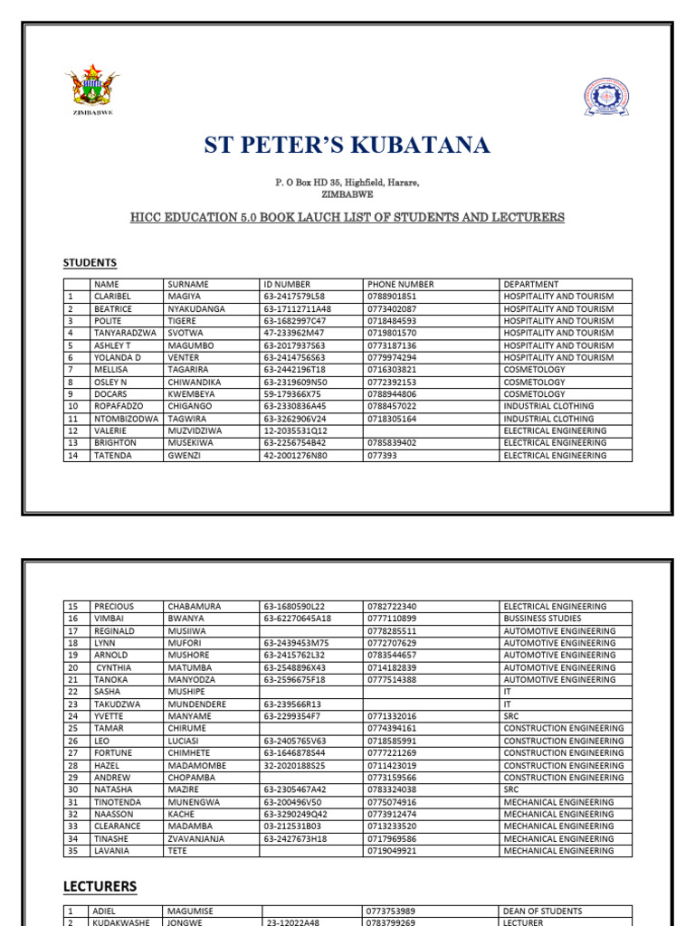 St. Peter's Kubatana Course Enrollment List | PDF | Engineering