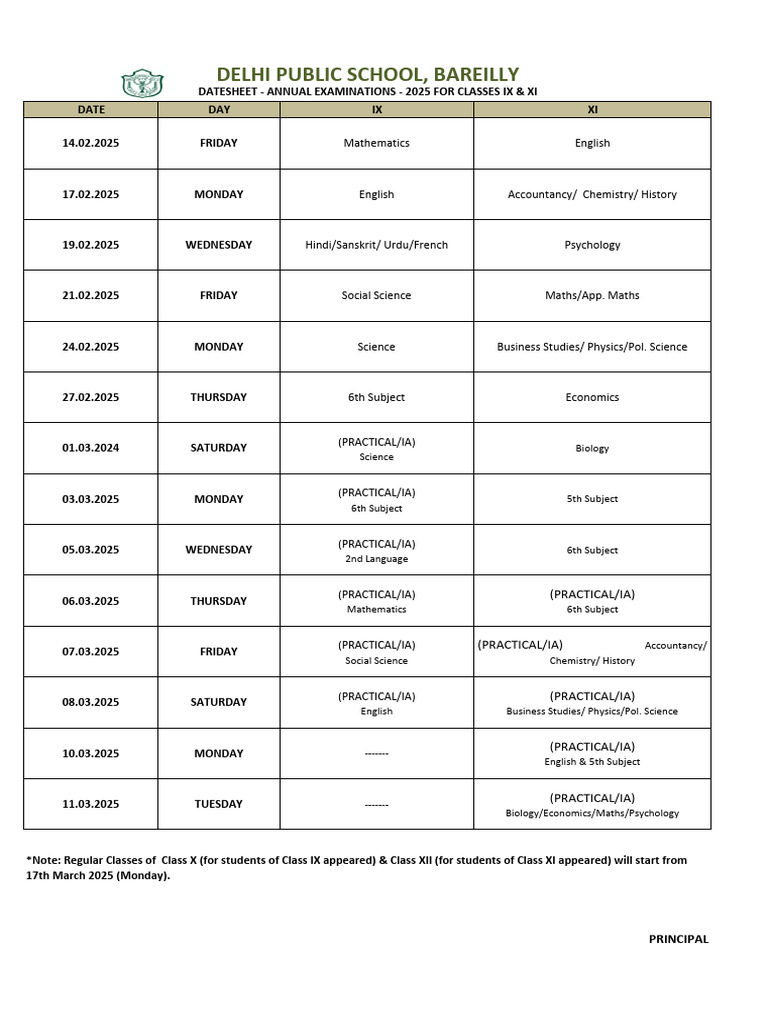 2025 Annual Exam Datesheet for IX & XI | PDF