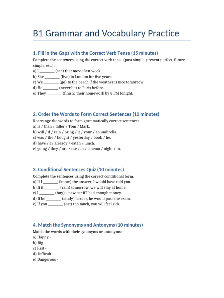 B1 Grammar Vocabulary Exercises Pdf