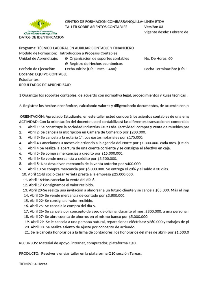 Taller de Asientos Contables ETDH | PDF | Contabilidad | Bancos