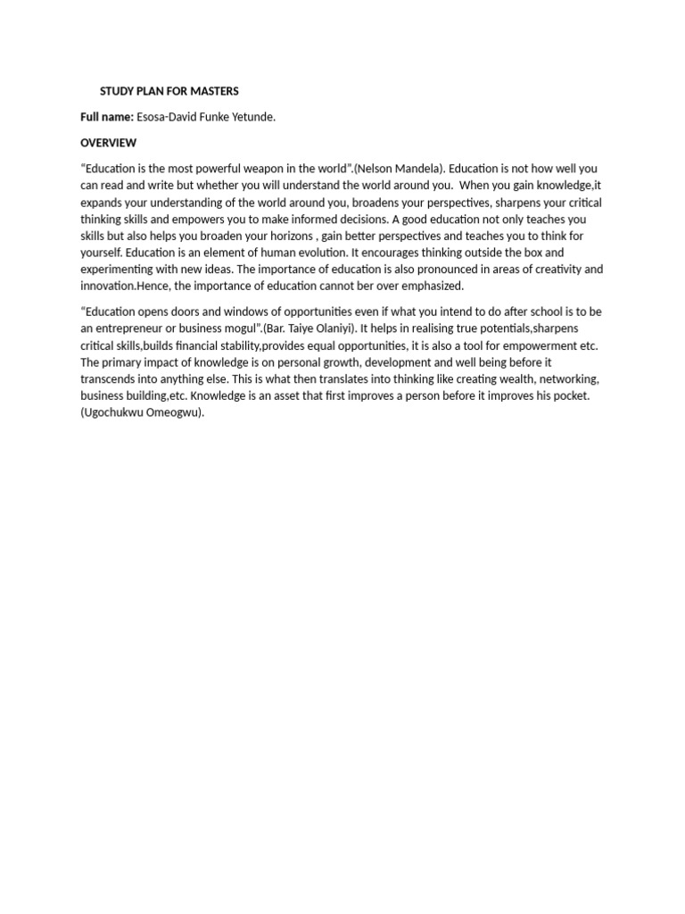 Study Plan For Masters Full Name | PDF