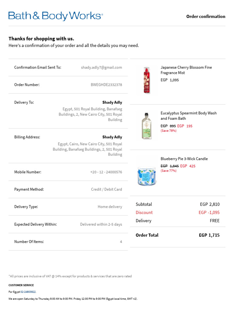 Body and Bath Works Order Confirmation | PDF | Services (Economics ...