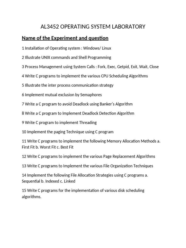 AL3452 OPERATING SYSTEM LABORATORY question paper | PDF