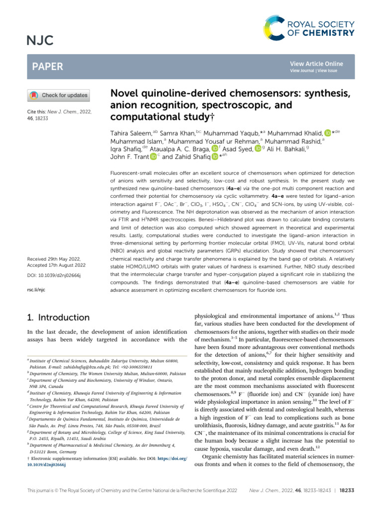 Novel Quinoline Chemosensors for Anion Detection | PDF | Spectroscopy | Ion