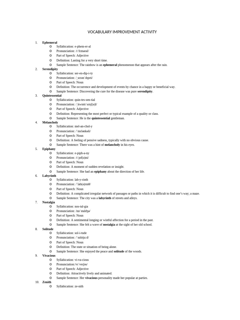 Vocabulary Improvement Activity | PDF | Parenting | Part Of Speech