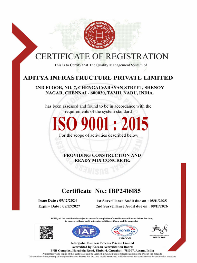 Final Certificate 9001 Aditya Infrastructure Private Limited | PDF