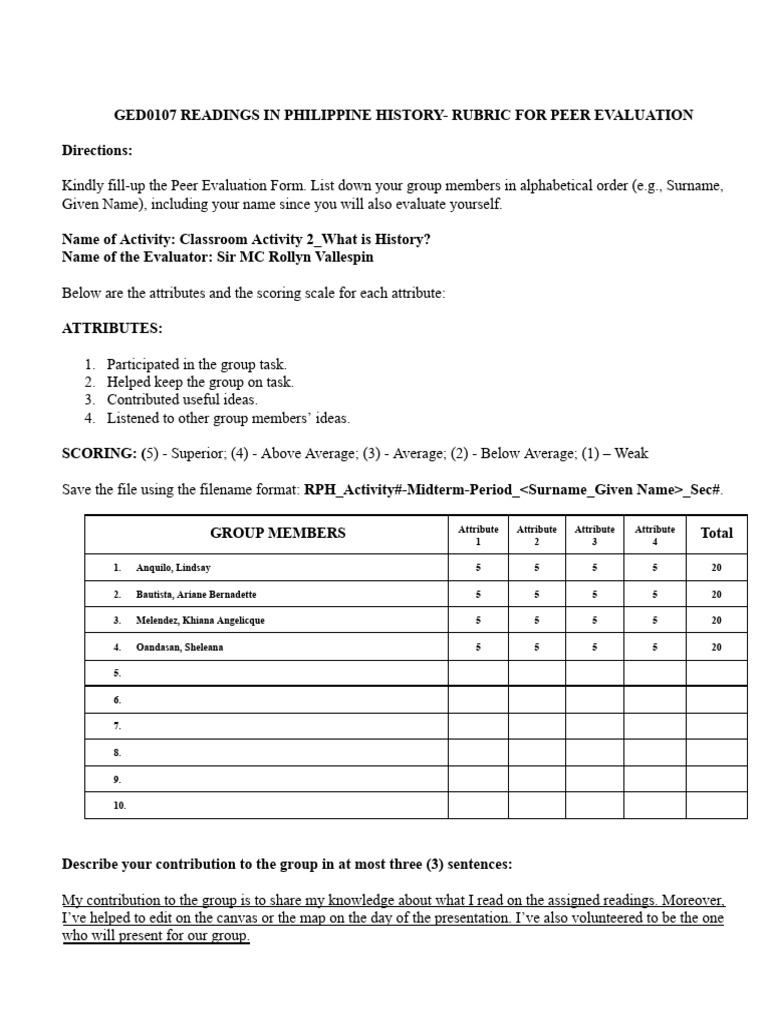 Peer Evaluation Rubric for History Activity | PDF