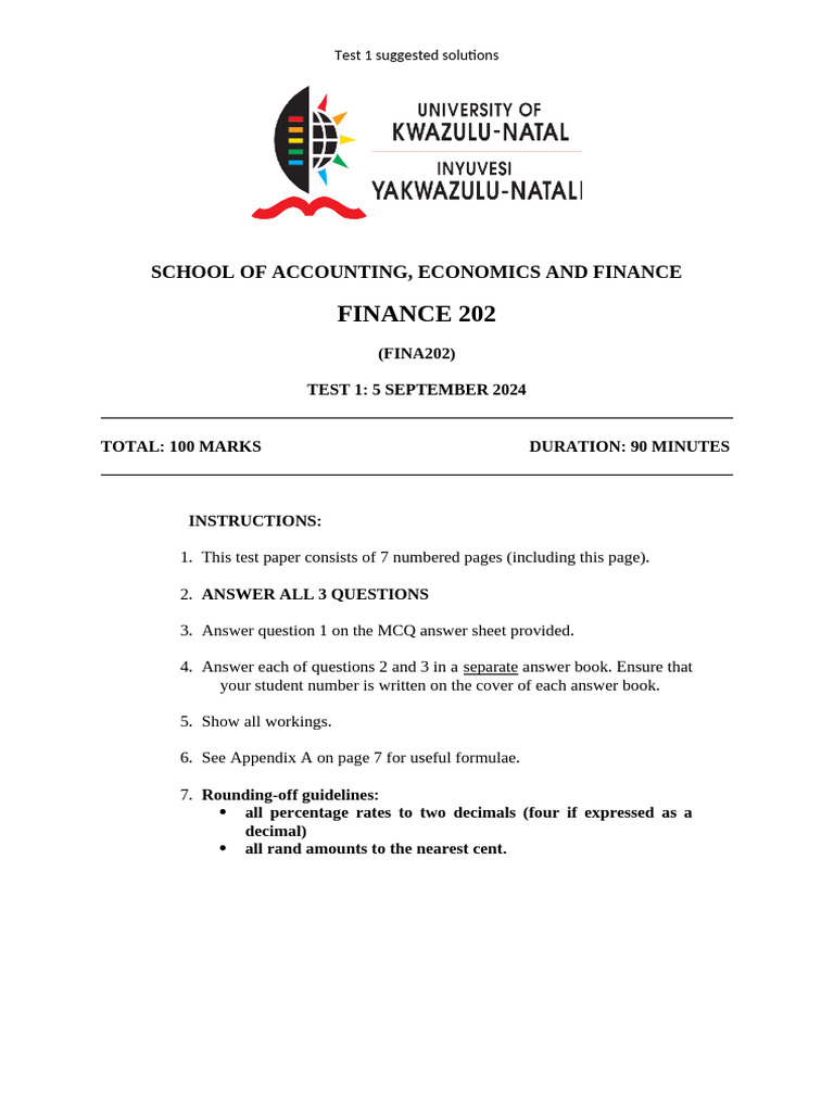 Finance 202 Test 1 Solutions | PDF | Net Present Value | Internal Rate ...