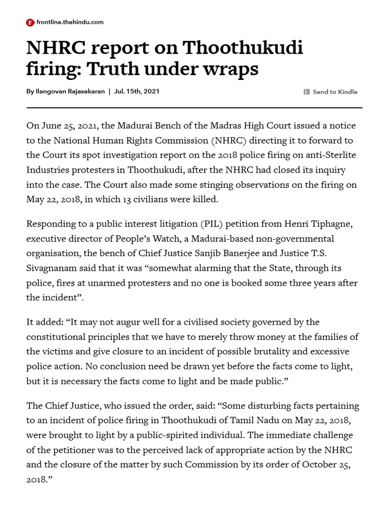 NHRC Report On Thoothukudi Firing - Truth Under Wraps - Frontline | PDF
