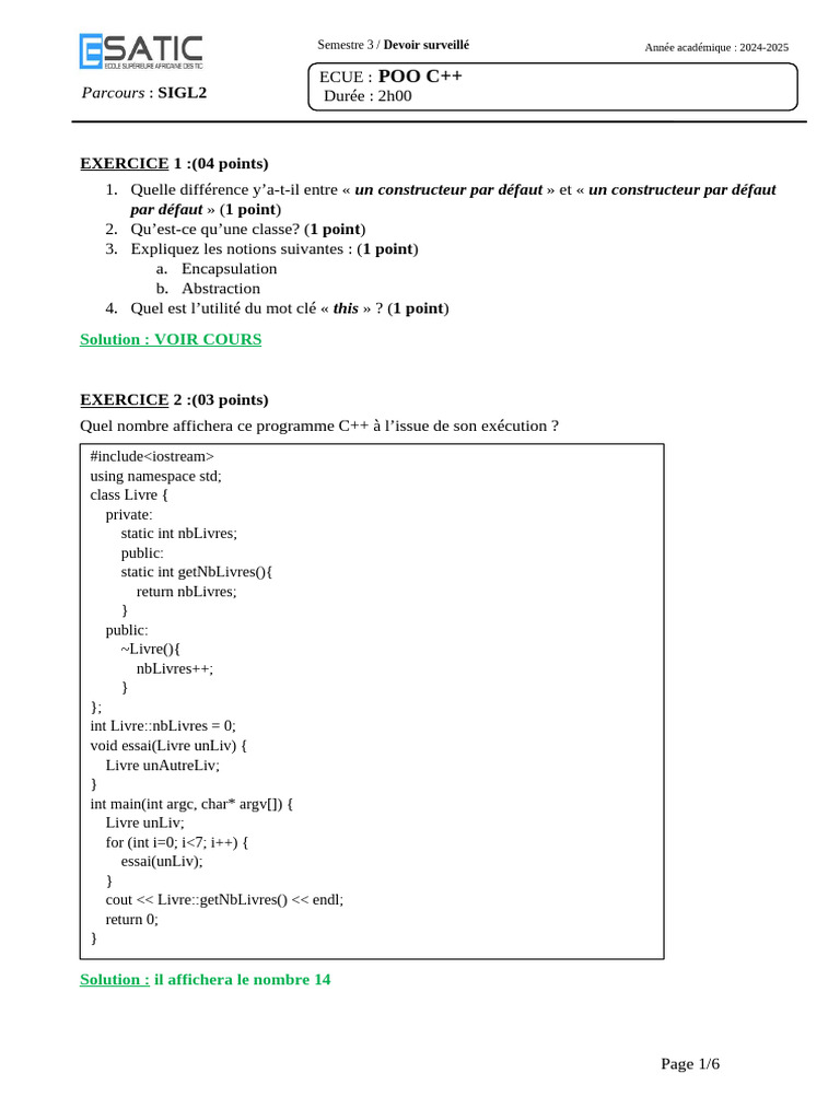 Corrigé Devoir Poo C++ SIGL2 Du 30112024 | PDF | C ++ | Ouverture (échecs)
