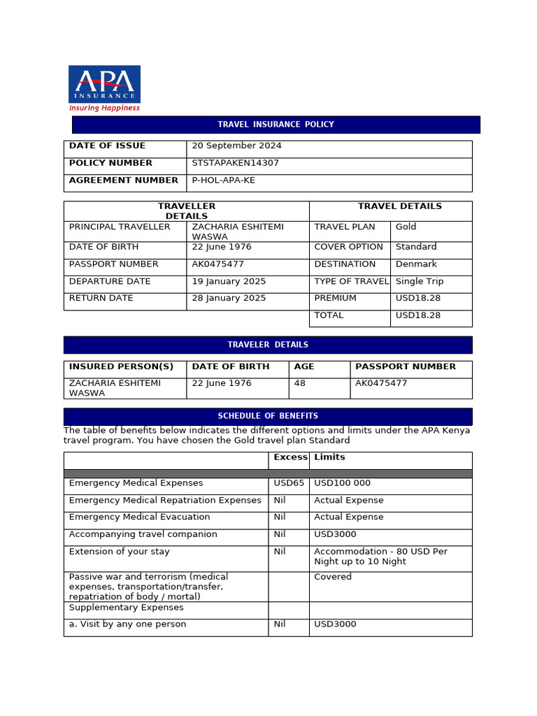 APA Travel Insurance Confirmation | PDF | Insurance