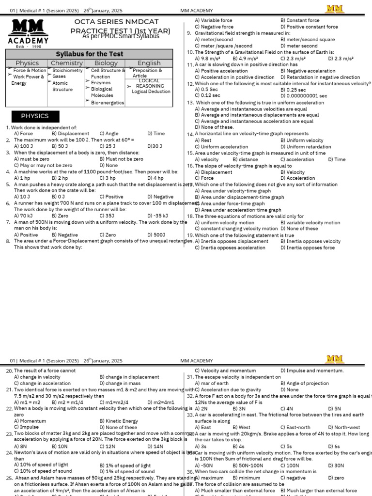 MM Academy NMDCAT Physics Test 2025 | PDF | Force | Gases