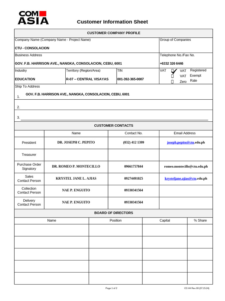 CC-04 Customer Information Sheet-converted | PDF | Corporations | Business