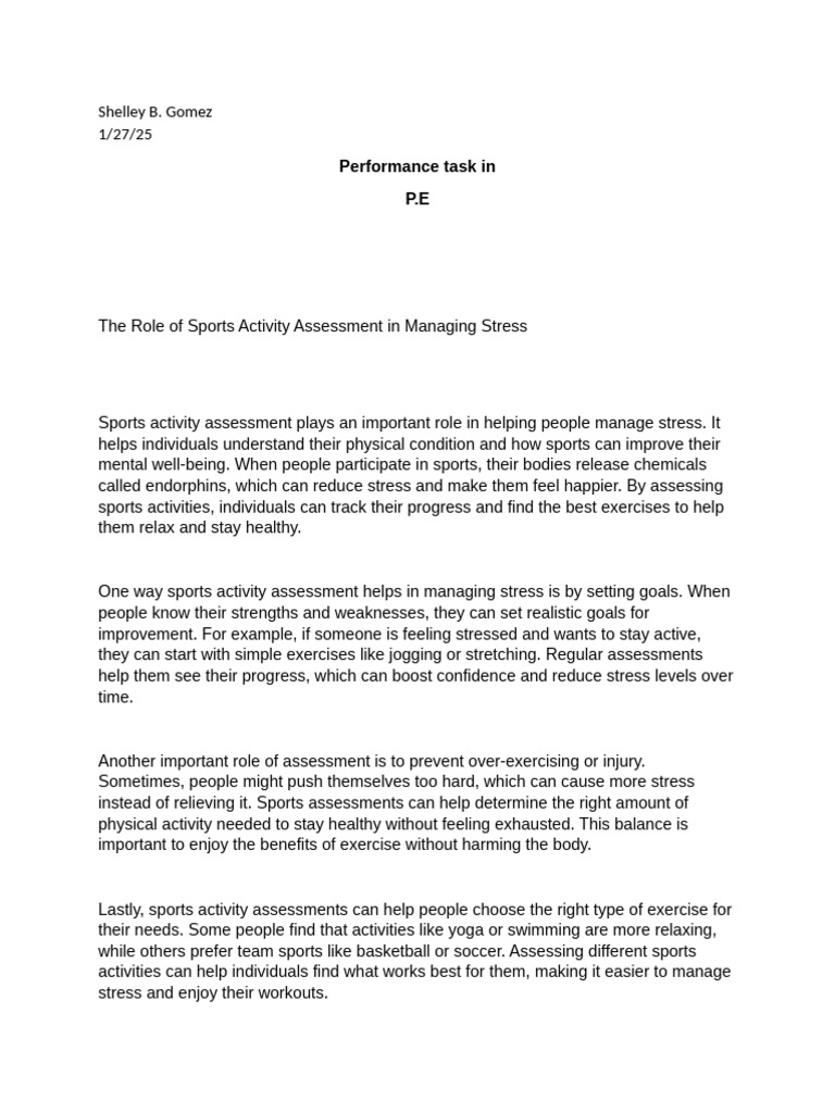 Sports Activity Assessment for Stress Relief | PDF