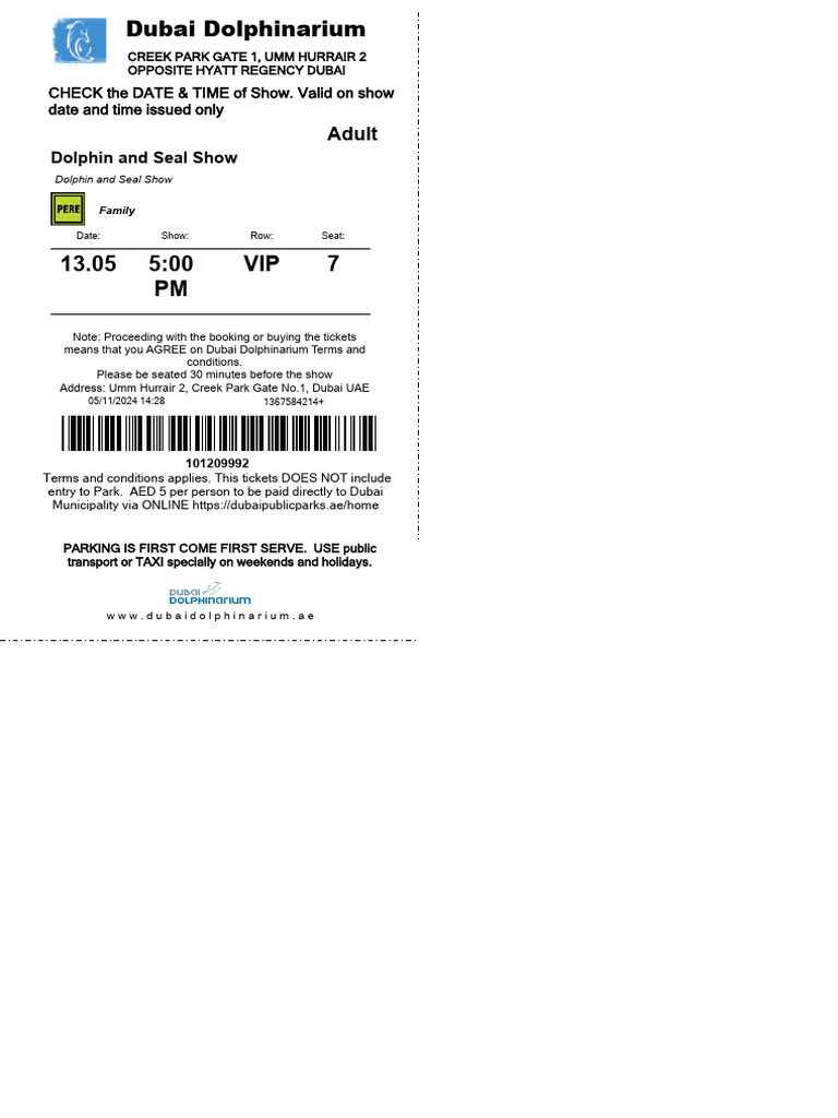 Dubai Dolphinarium Show Ticket Details | PDF