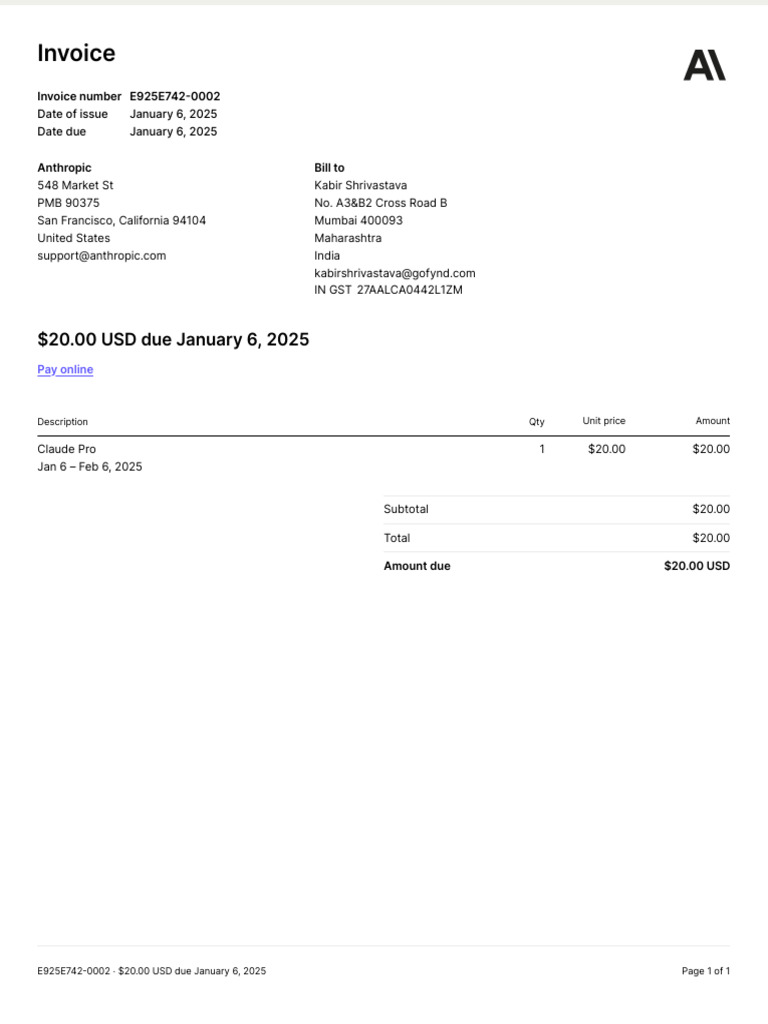 Anthropic Invoice E925E742 | PDF