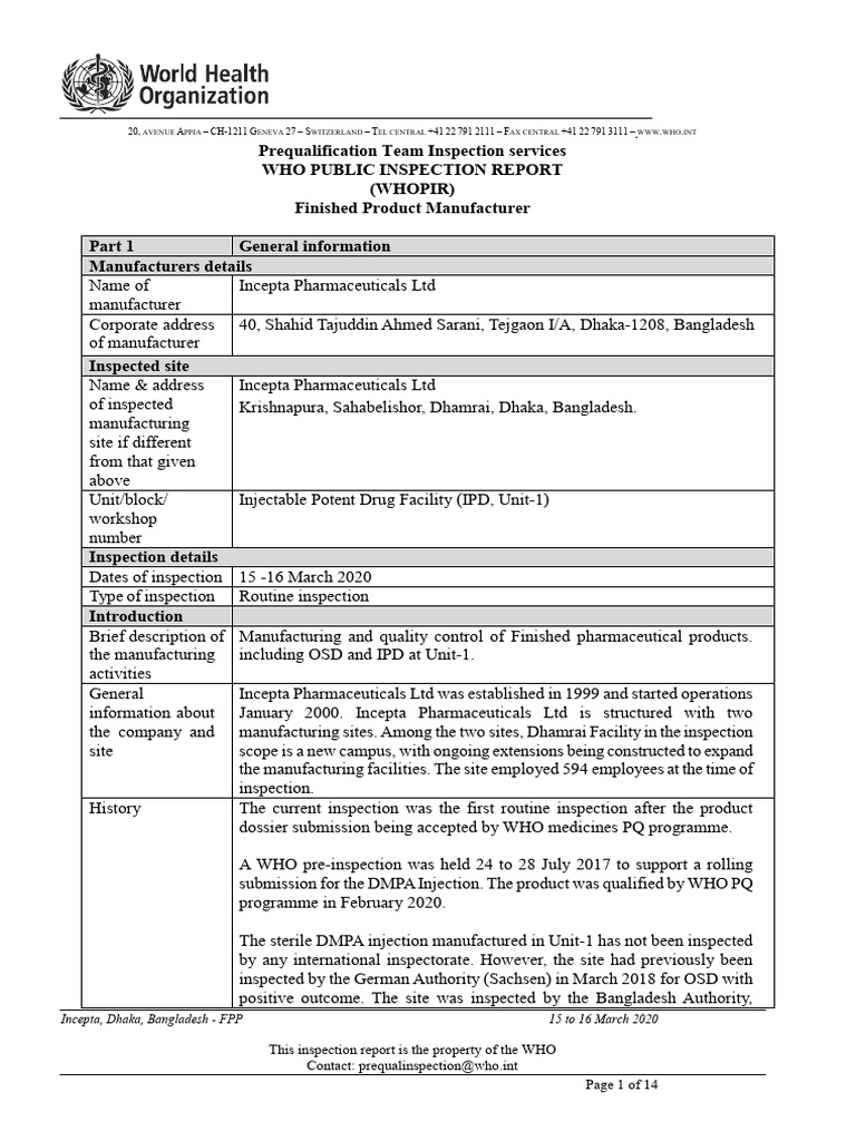 WHO Inspection Report: Incepta Pharmaceuticals | PDF