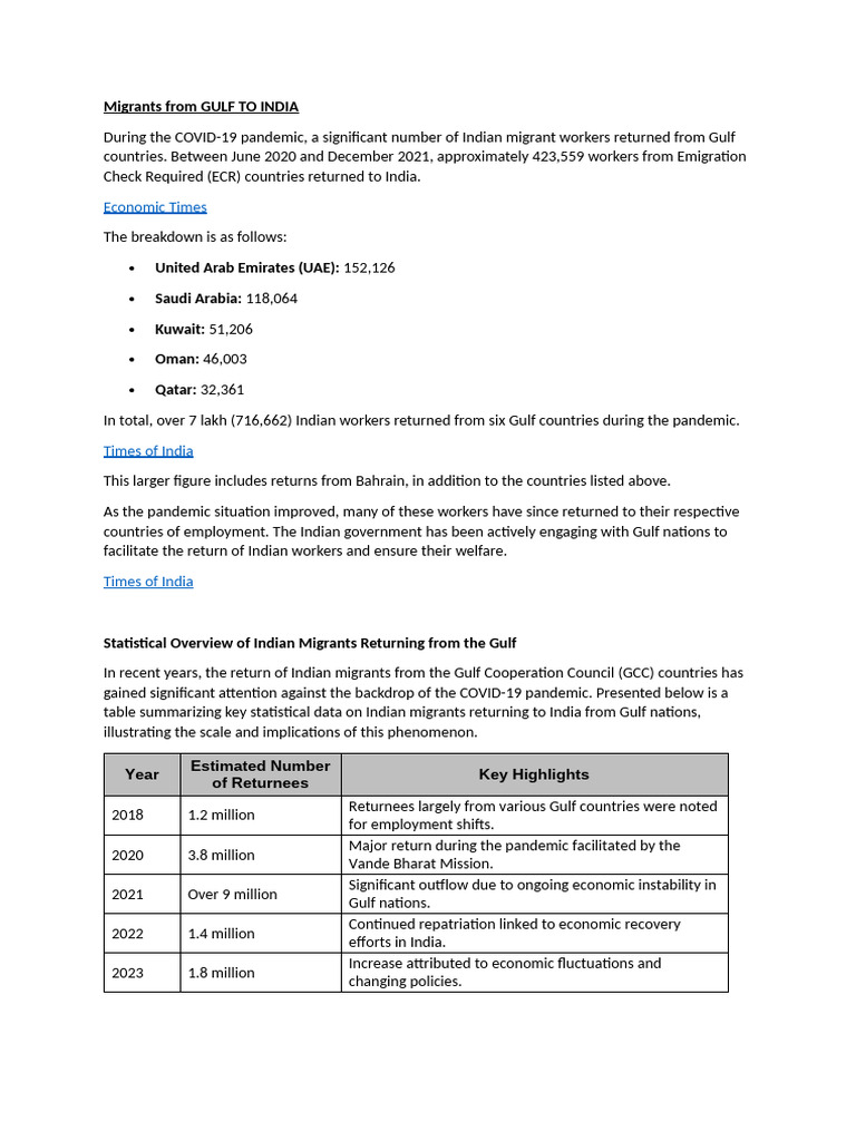 Indian Migrant Returns from Gulf Countries | PDF | Arab States Of The ...