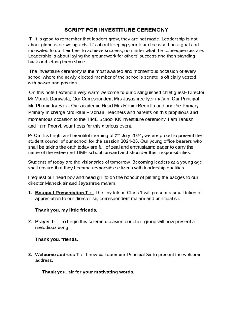 School Investiture Ceremony Script | PDF