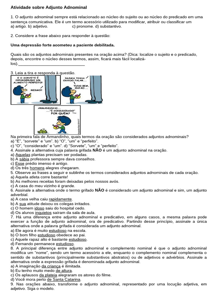 Atividade Sobre Adjunto Adnominal | PDF | Substantivo | Pronome