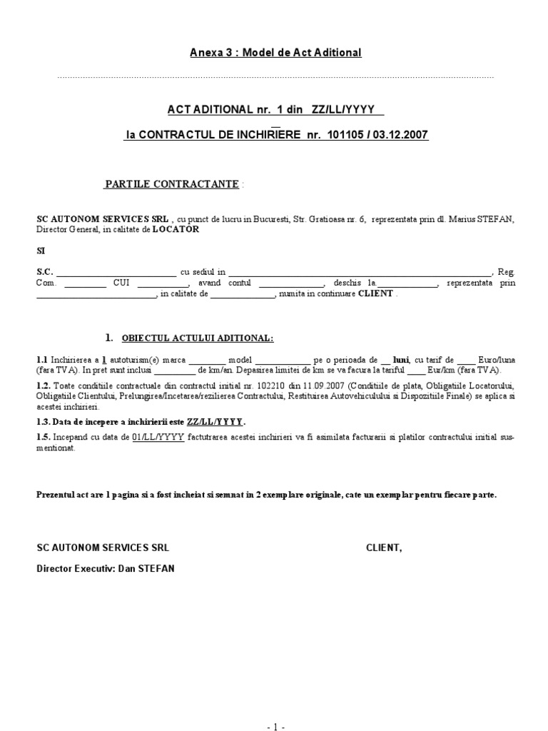 Act Aditional La Contractul De Inchiriere Prelungire Termen Model