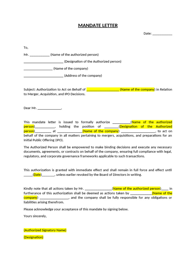 MANDATE LETTER Template PDF