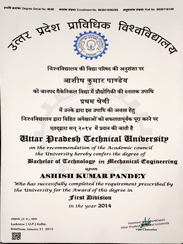 B.Tech Mechanical Engineering Degree Awarded to Ashish Kumar Pandey | PDF