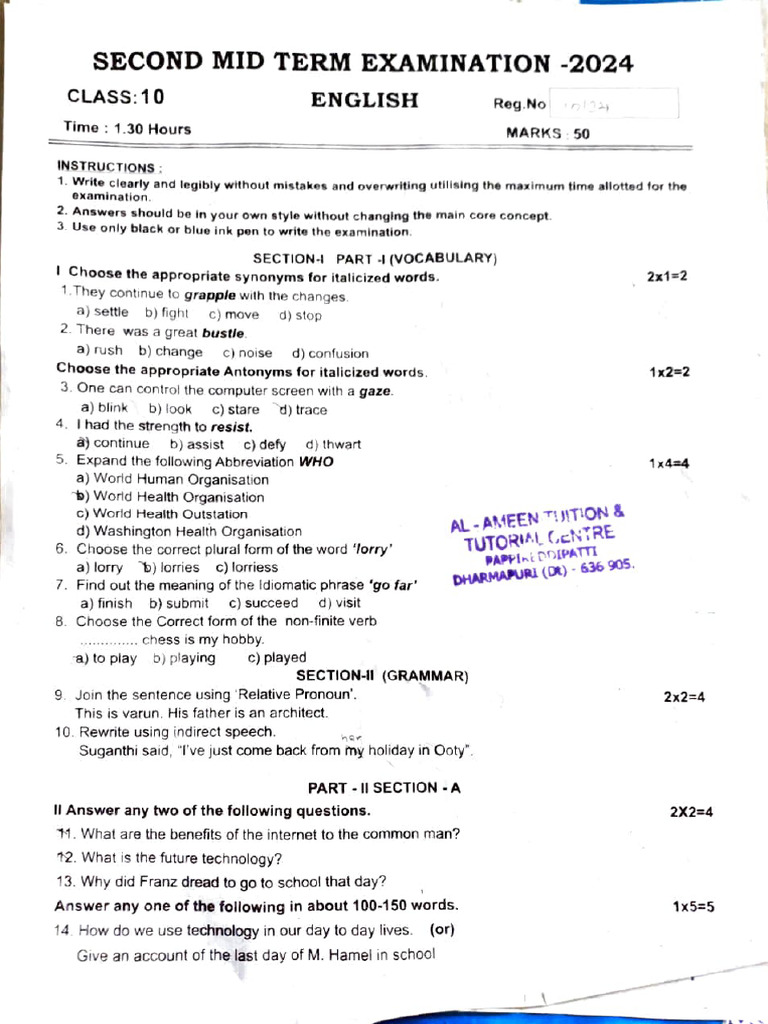 10th English 2nd Mid Term Paper 2024 | PDF | Linguistics | Grammar