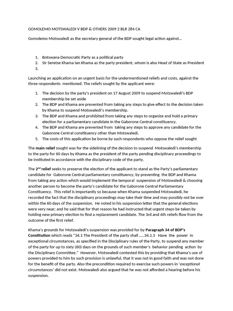 Gomolemo Motswaledi vs. BDP Suspension | PDF | Sovereign Immunity ...
