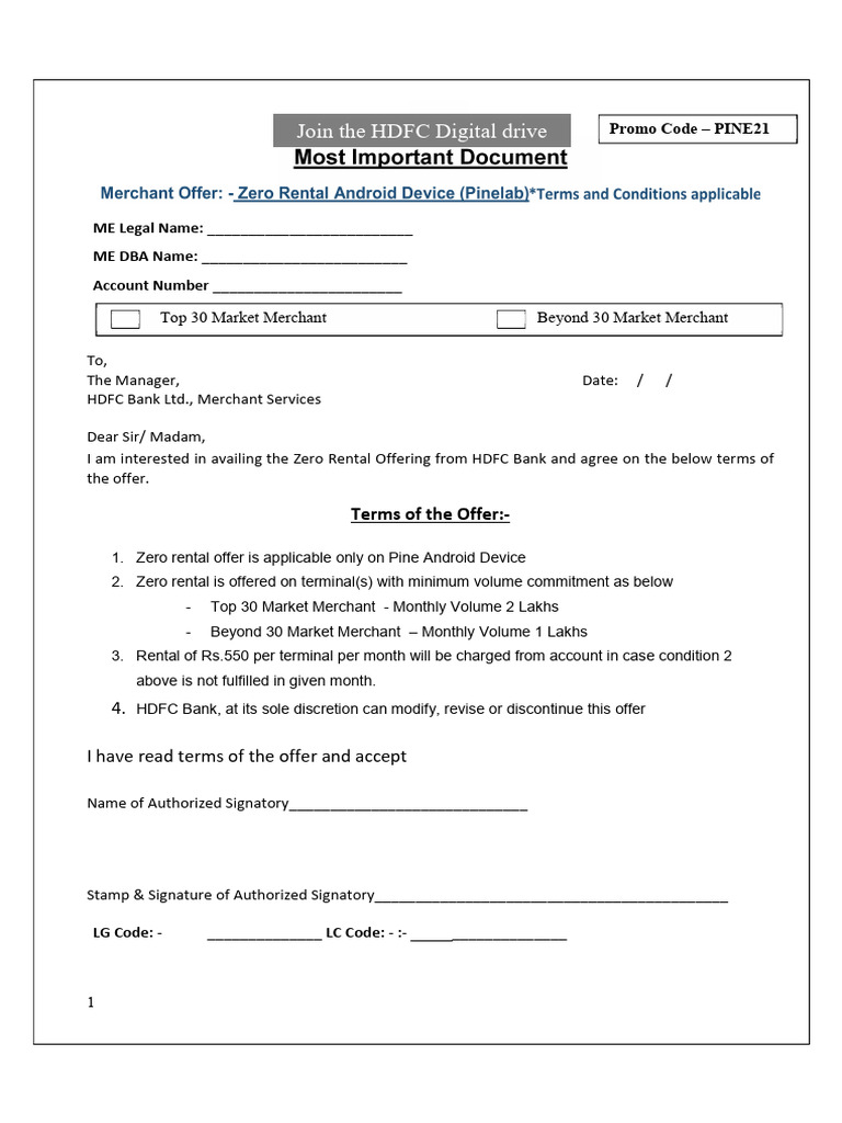 HDFC Bank Zero Rental Offer Agreement | PDF