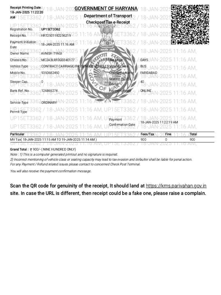 Department of Transport: Checkpost Tax E-Receipt | PDF | Vehicles ...