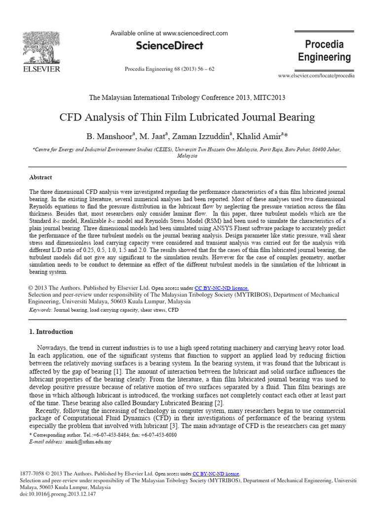 CFD Analysis of Thin Film Lubricated Journal Bearing | PDF | Turbulence ...