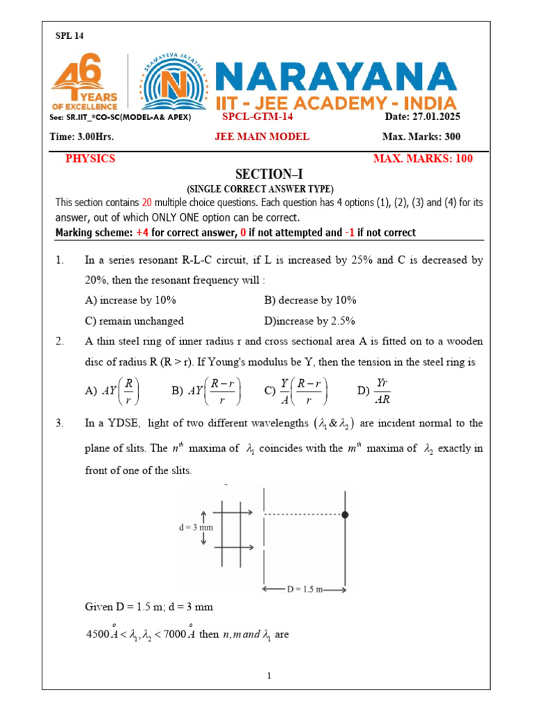 JEE Main Model Physics & Chemistry Test | PDF | Waves | Metrology
