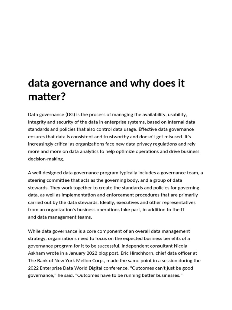Importance of Data Governance Explained | PDF | Governance | Regulatory ...