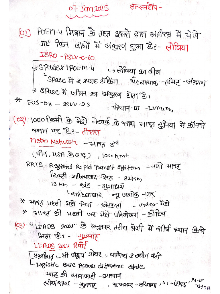 7 Jan, 2025 Current Affairs Handwritten Notes | PDF