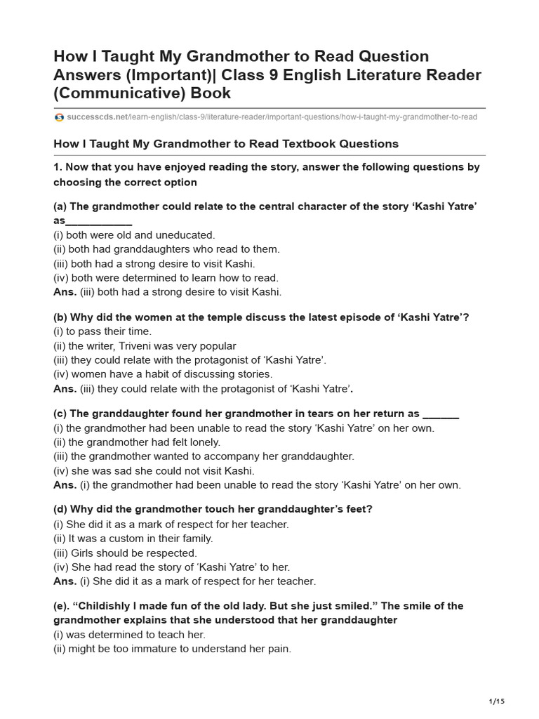 How I Taught My Grandmother To Read Question Answers Important Class 9 ...