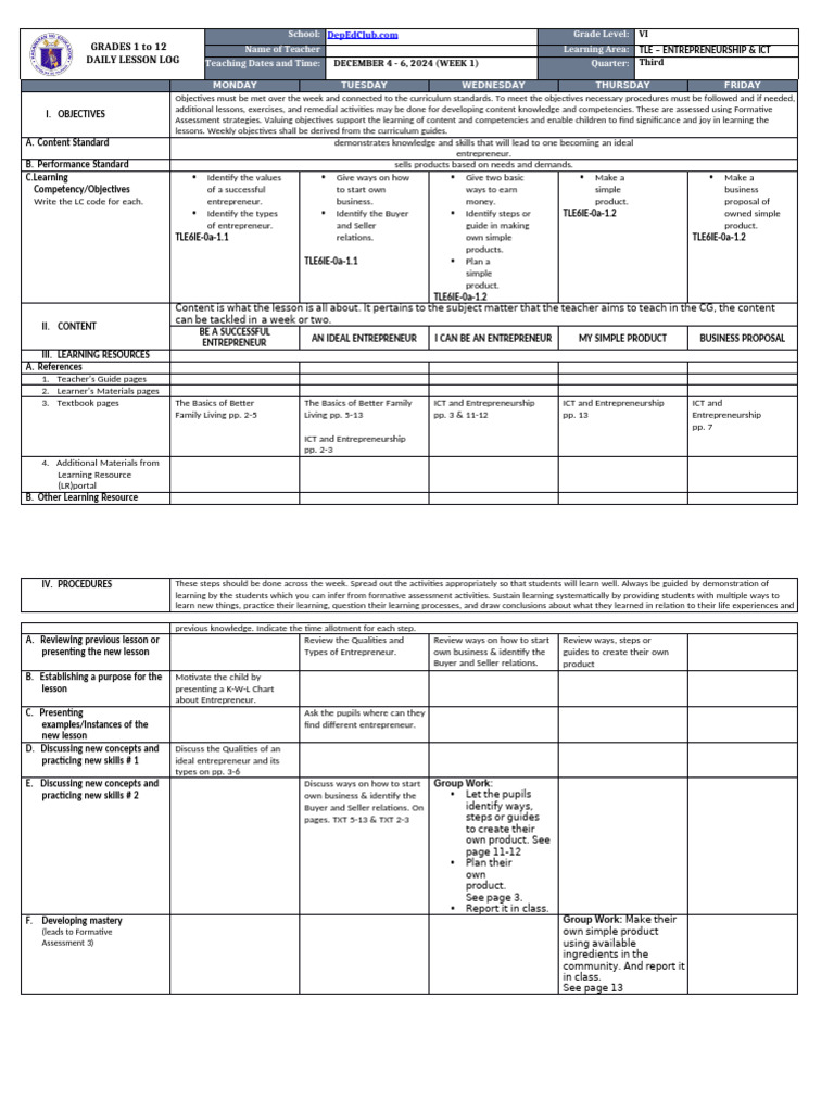 DLL - Tle Entrep Ict 6 - Q3 - W1 | PDF | Educational Technology | Learning