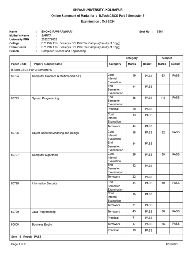B.Tech Semester 5 Marks - Shivaji University | PDF | Computer Science ...