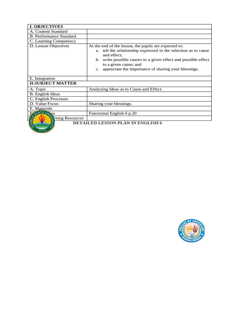 Cause and Effect Lesson Plan for Grade 6 | PDF
