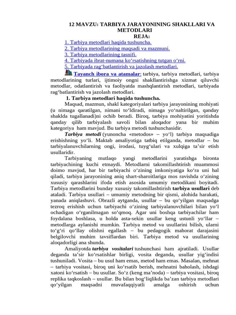 12 Mavzu Tarbiya Jarayonining Shakllari Va Metodlari | PDF