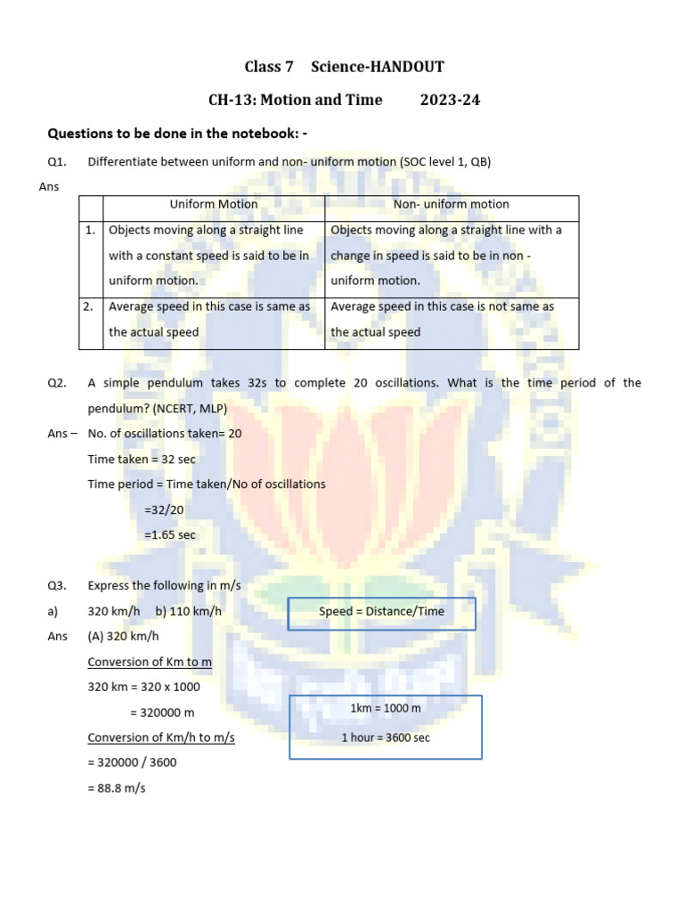 Class 7 Science: Motion & Time | PDF | Speed | Pendulum