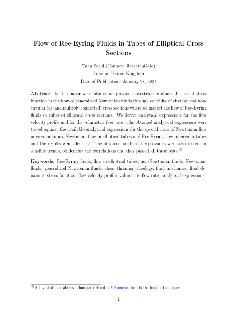 Flow of Ree-Eyring Fluids in Tubes of Elliptical Cross Sections | PDF ...