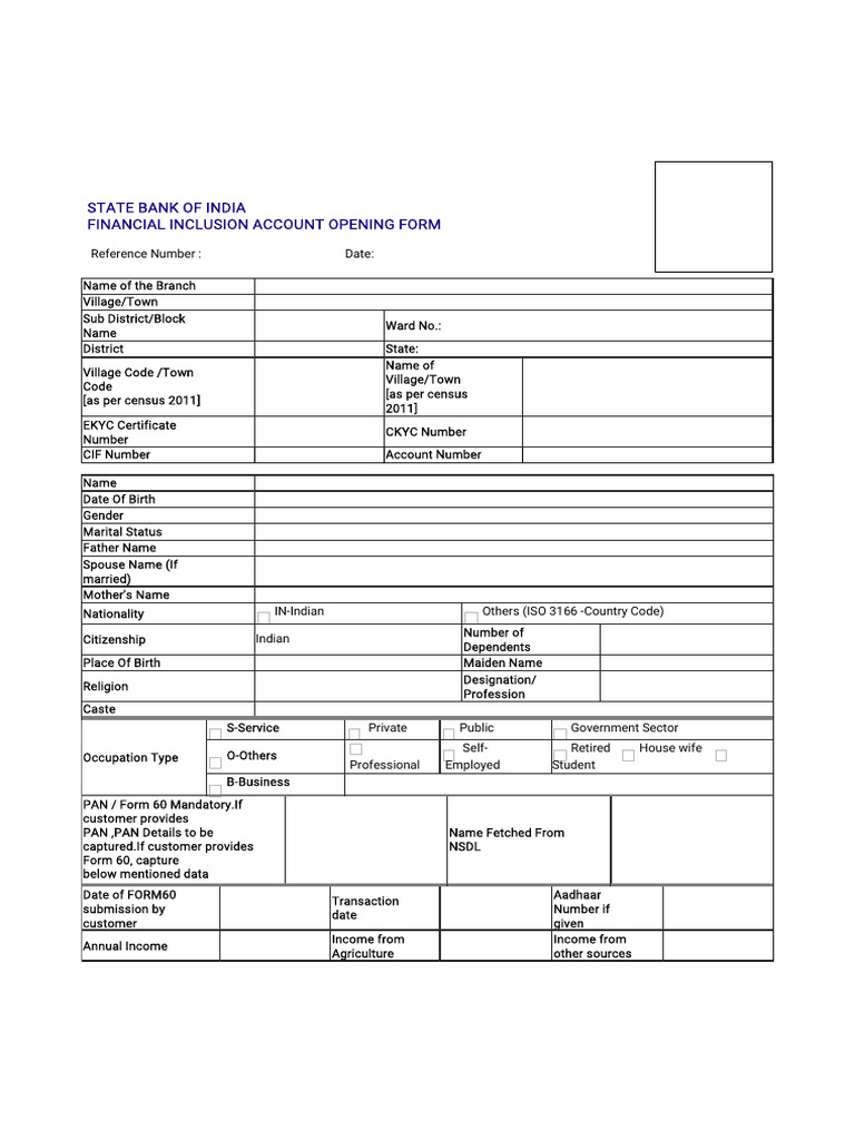 SBI Financial Inclusion Account Form | PDF